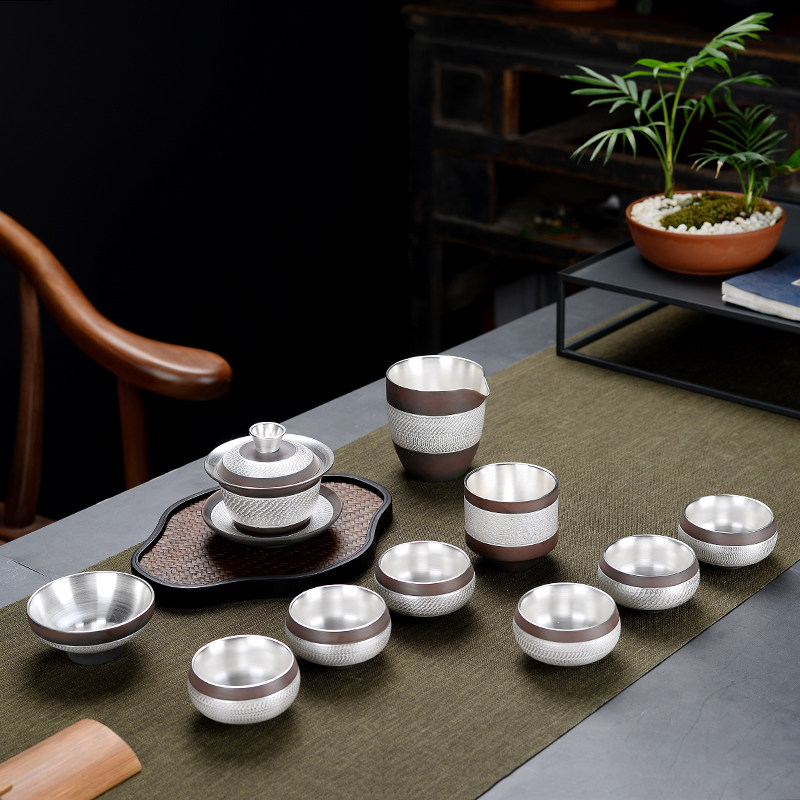 银茶具999纯银套装紫砂功夫茶具整套家用紫陶鎏银盖碗银质主人杯