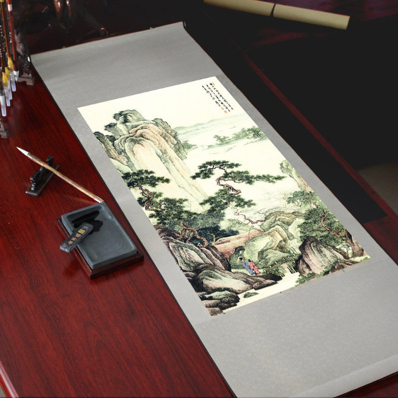 丝绸卷轴画唐伯虎国画山水画古代名画办公室客厅竖版复古装饰挂画