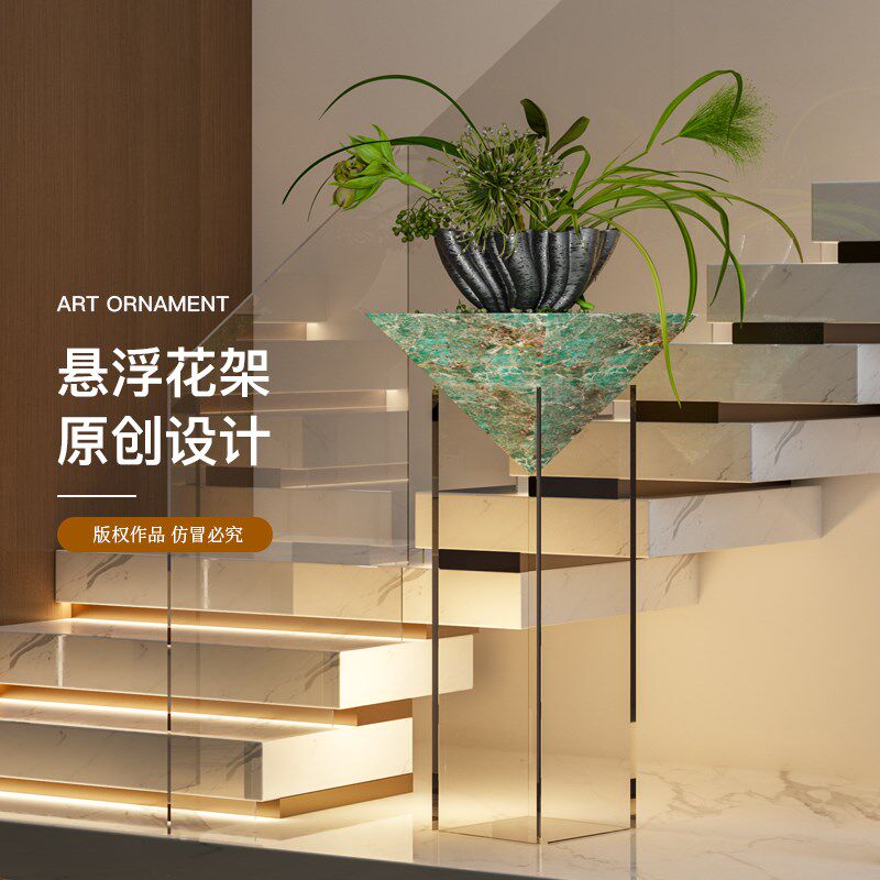 意式奢华大理石悬浮花架酒店展示架高端沙发旁电视柜落地装饰摆件