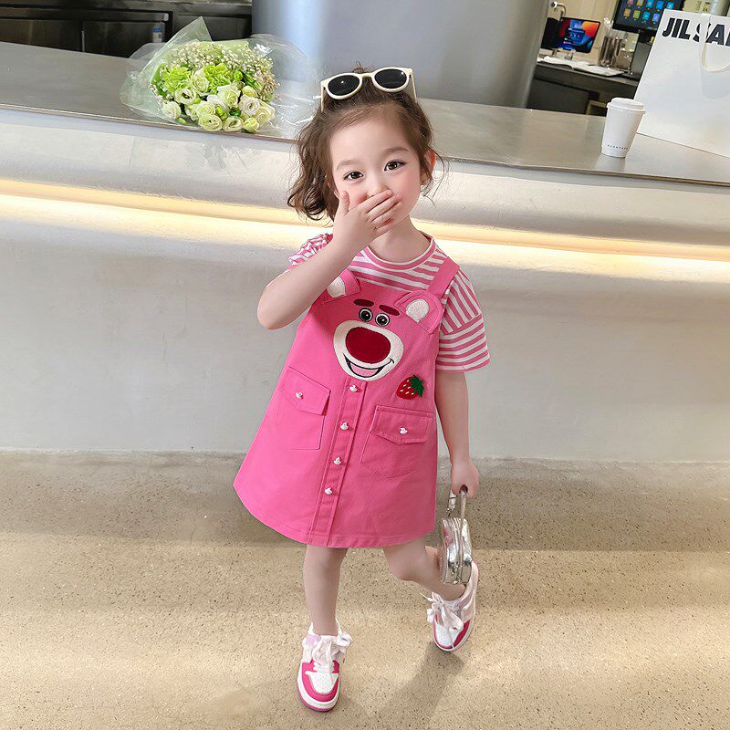 女童卡通玫红熊背带裙两件套2024女小童可爱套装儿童夏装洋气甜美