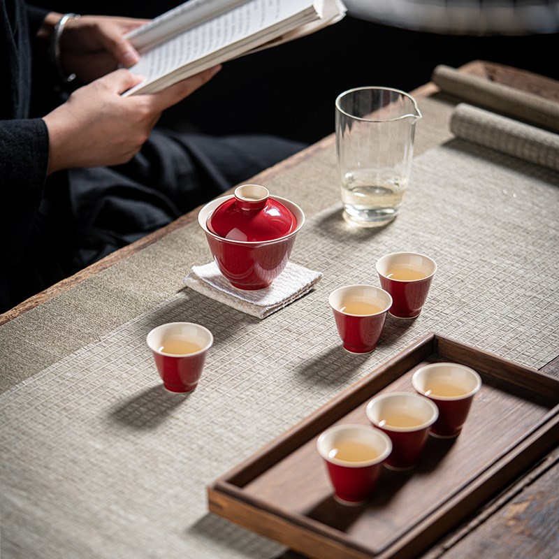 郎红盖碗茶杯茶碗功夫茶具套装单个不烫手茶艺大红色新品喝茶杯