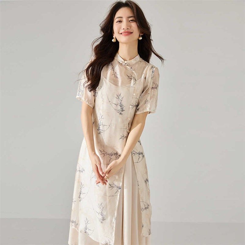 妈妈连衣裙夏季新中式国风禅意衣服40岁中年气质盘扣两件套裙子