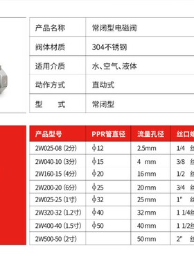 304不锈钢电磁开关阀常闭2w水阀气阀220v24v6分dn15dn25包邮黄铜