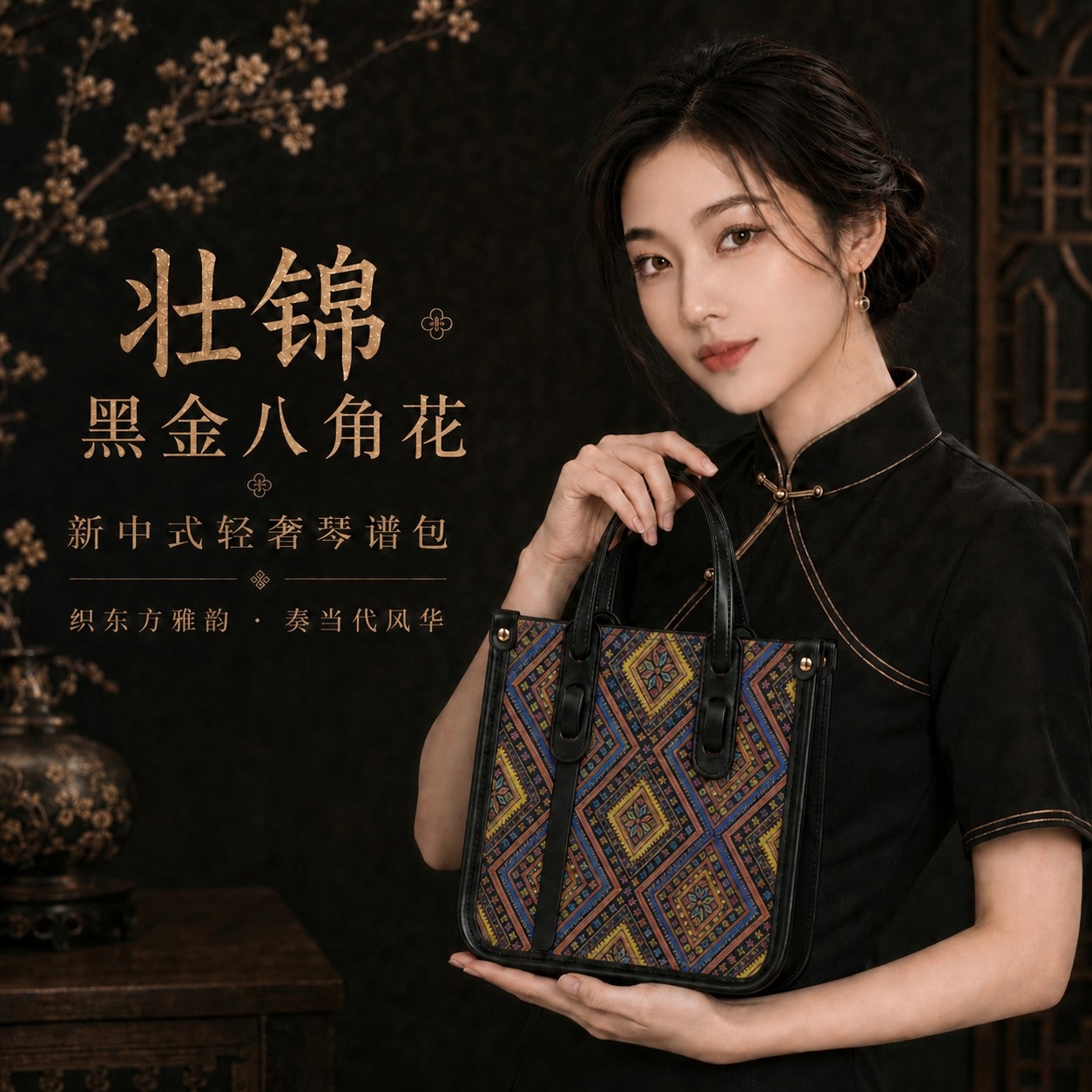 【八角花琴谱包】广西壮锦黑金色系女包民族风新中式通勤大容量包