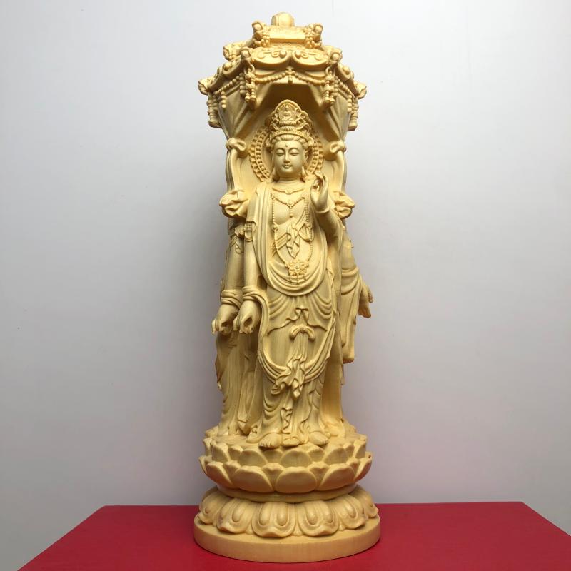桧木雕刻一体圆柱东方三圣佛实木药师佛日光菩萨月光菩萨家居摆件