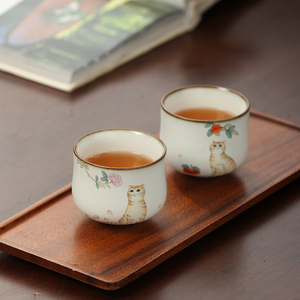 梵悦手绘猫咪杯 猫奴控品茶杯 手工汝窑开片功夫茶杯 文艺猫咪图