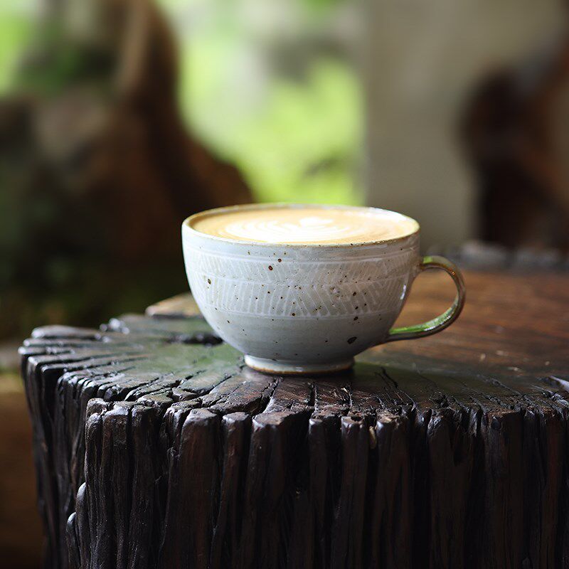 三岛纹手工咖啡杯碟套装粗陶陶艺拉花拿铁早餐水杯燕麦牛奶杯南昔