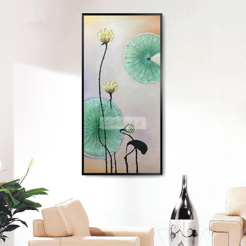 荷花莲手绘玄关走廊过道油画客厅装饰画挂画实物画新中式北欧美式
