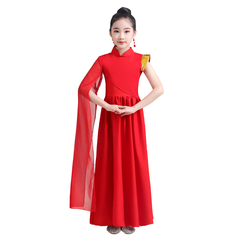 儿童大合唱演出服复古礼服女童汉服仙女演讲朗诵歌唱表演古筝服装