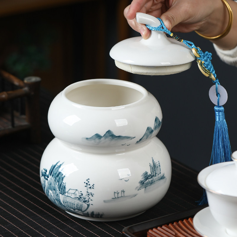 纯手绘茶叶罐陶瓷山水竹子大号葫芦密封罐储茶存罐通用红绿茶普洱