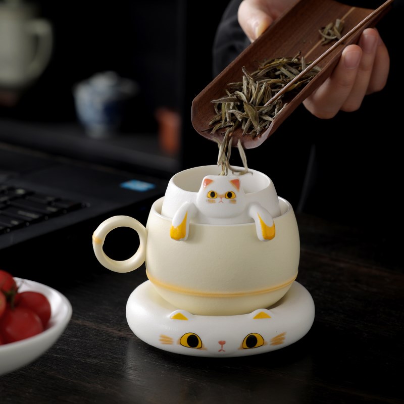 创意猫咪陶瓷泡茶杯马克杯茶水分离杯过滤水杯可爱杯子定制礼品