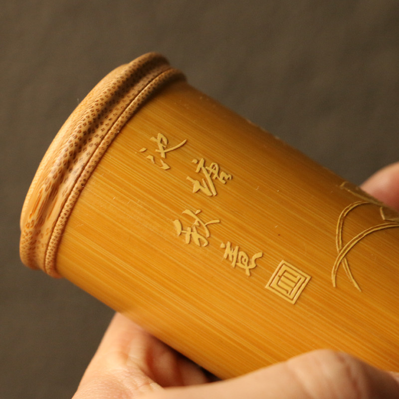 精品名家裘立钢纯手工留青雕刻荷花图老玉竹茶叶罐竹雕茶仓筒