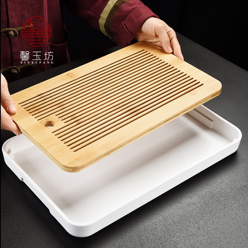 馨玉坊家用多功能茶具茶杯收纳盒储水式茶盘竹制托盘功夫茶具简约