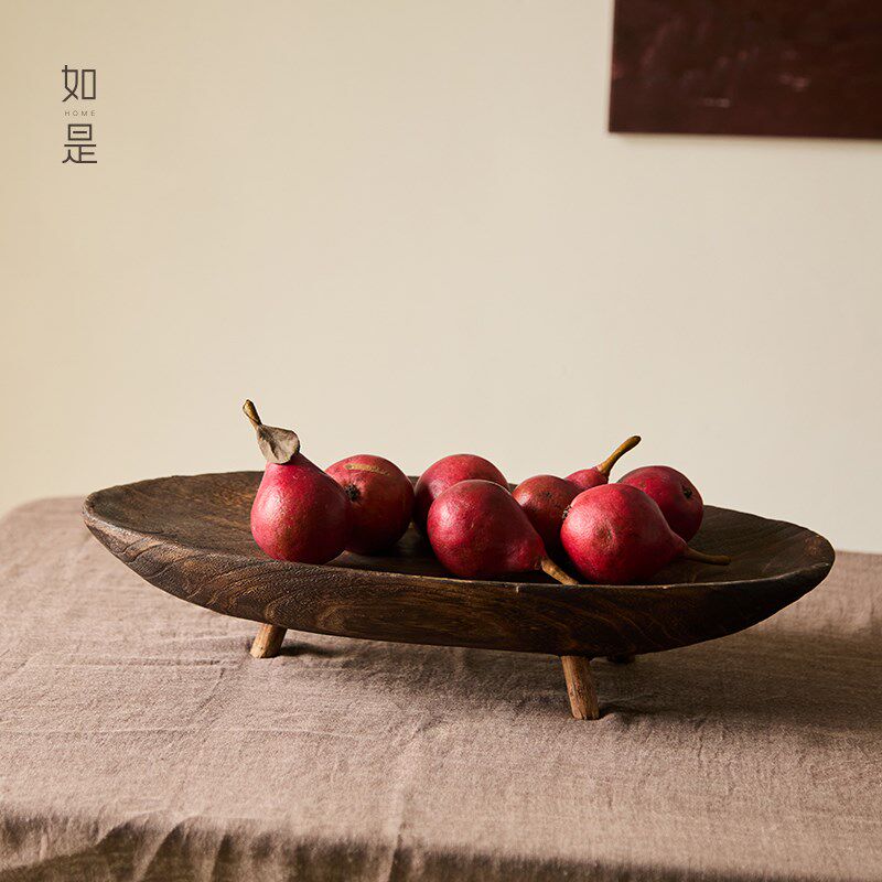 如是/复古侘寂风实木大盆果盘水果点心托盘装饰手工做旧家用摆件
