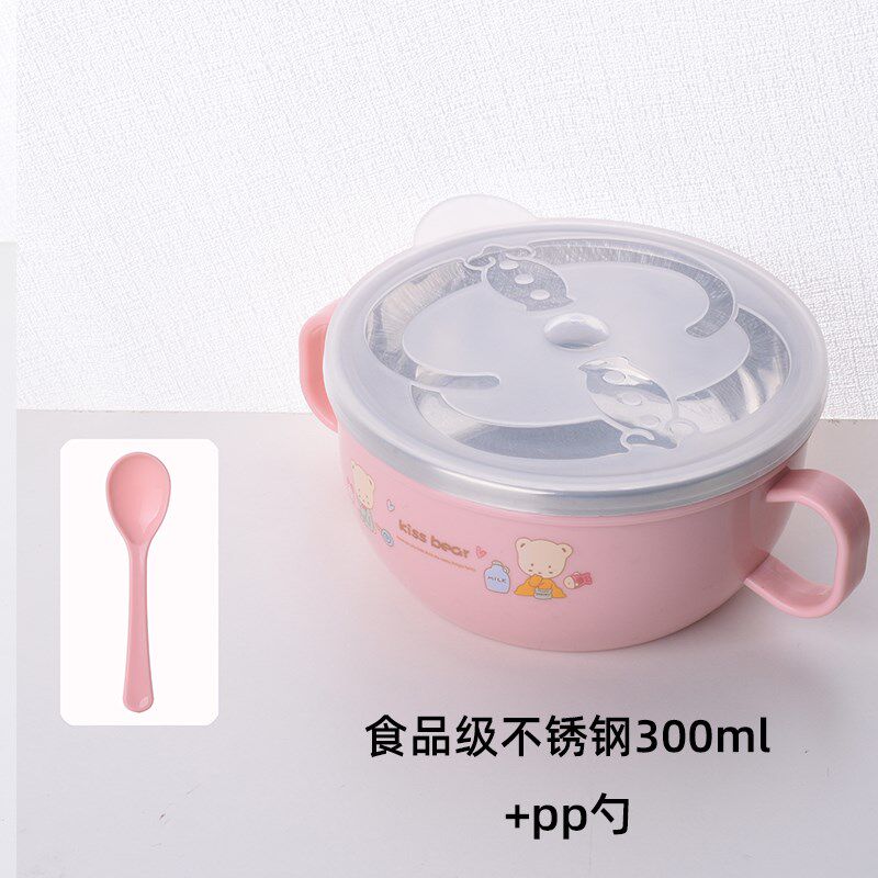 婴儿碗勺套装宝宝餐具新生儿吃饭迷小碗卡通不P锈钢带盖子防摔防