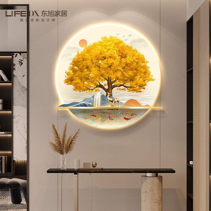 发财树入户玄关装饰n画走廊挂画招财进宝金色餐厅圆形带灯客厅壁
