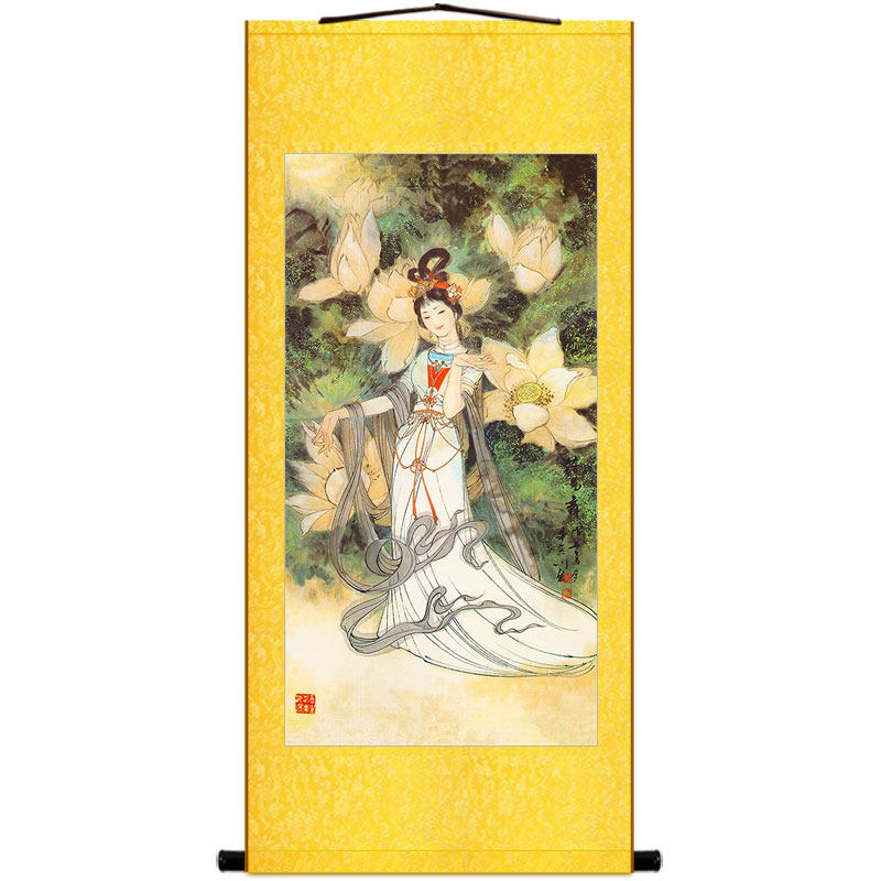 荷花仙子图 吴彩鸾跨虎入山图 仙女人物卷轴挂画绢布材质装饰画