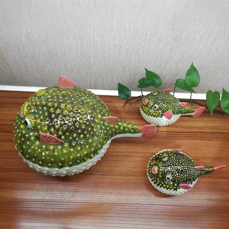 陶瓷河豚鱼创意摆件新中式电视柜博古架餐厅装饰品小鱼儿海鱼摆设