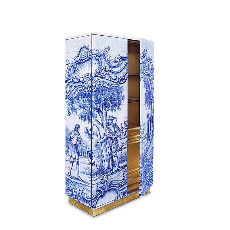 轻奢风彩绘靠墙装饰柜新古典实木奢华别墅储物柜创意艺术高端酒柜
