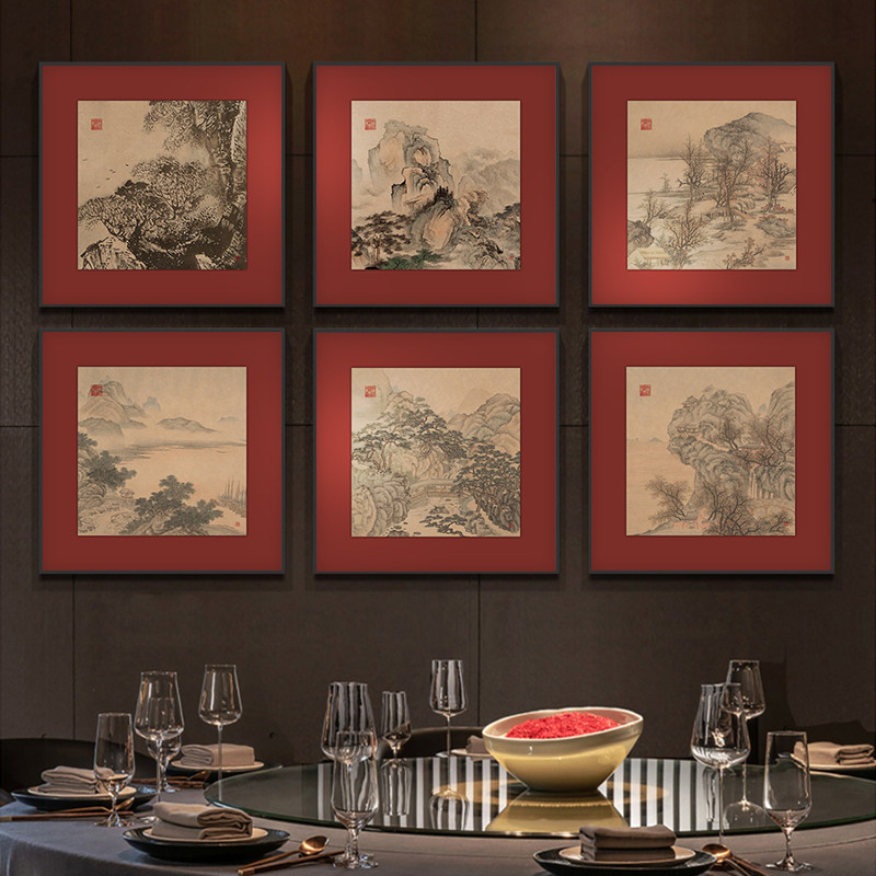 新中式餐厅背景墙装饰画高级感山水国画酒店红色挂画饭店包间壁画