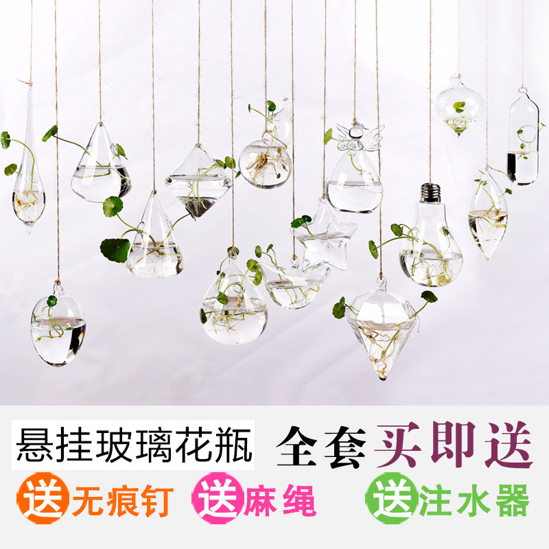 创意悬挂透明玻璃花瓶小吊瓶水培花器室内园艺家居装饰瓶植物套装