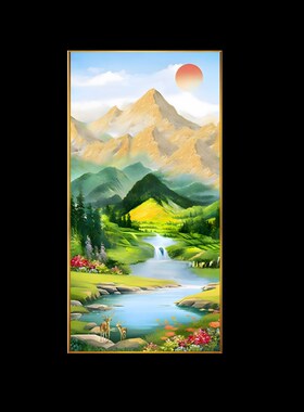 青山绿水挂画东西墙客厅玄关装饰画日照金山聚宝盆绿色风景背景图