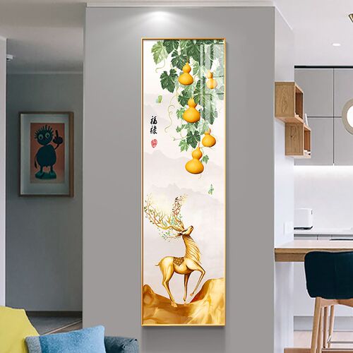 新中式五福临门葫芦玄关墙挂画客厅餐厅鹿福禄荷花装饰画窄竖长版