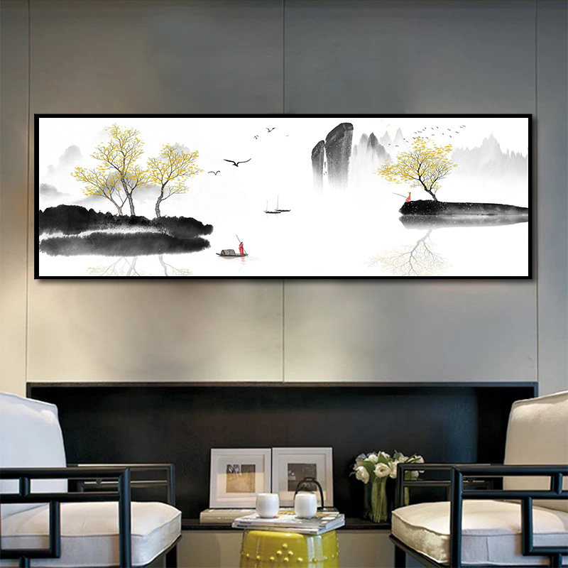 客厅装饰画沙发背景墙水墨画茶室山水墙面壁画茶桌茶台新中式挂画