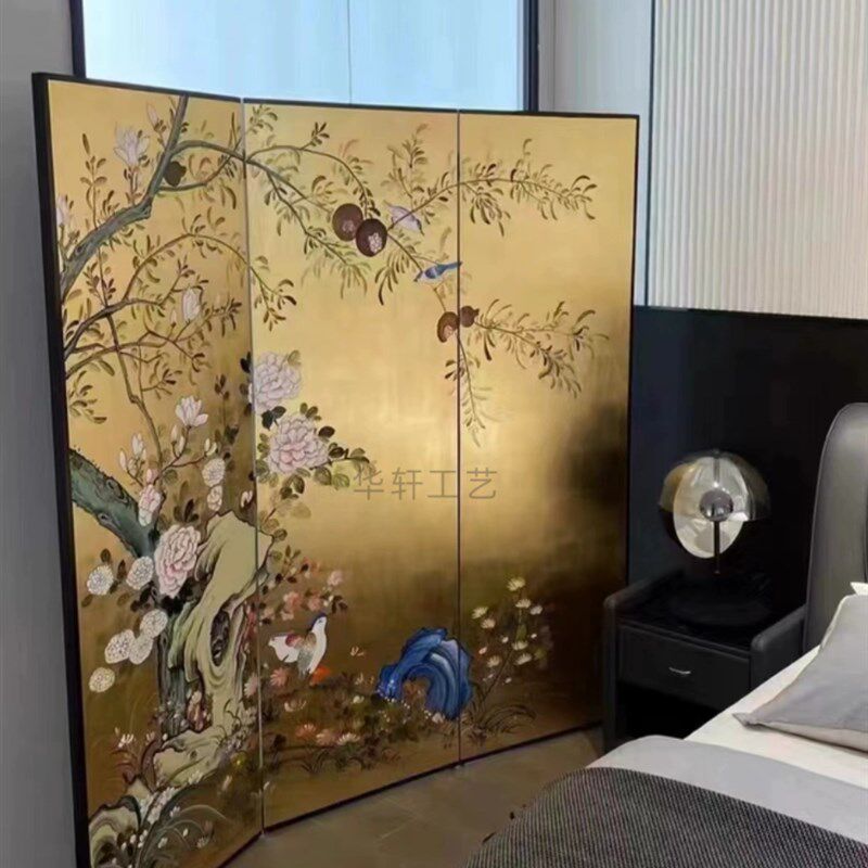 定制摄影背景婚礼屏风折屏金箔隔断玄关中古屏风手绘漆画沙发卧室