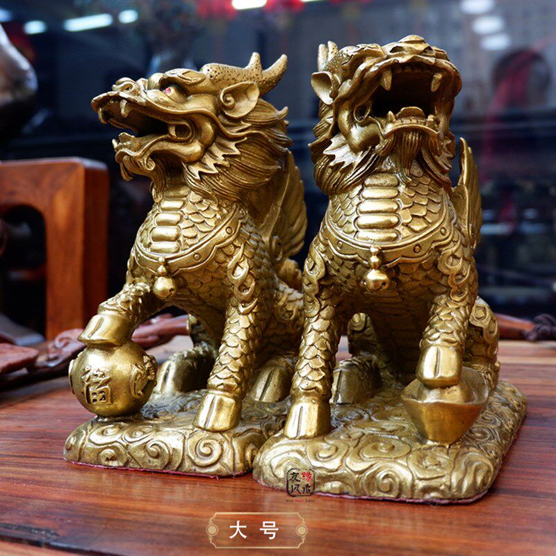 纯铜大号麒麟摆件一对 招财鎮宅旺财 家居店铺客厅玄关工艺品摆件