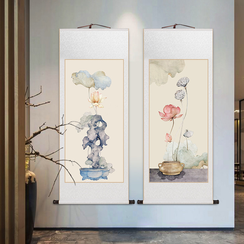 禅意荷花莲蓬卷轴挂画新中式客厅装饰画中国风玄关画茶室书房壁画