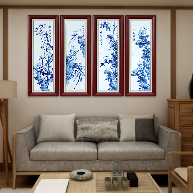 景德镇陶瓷名家手绘梅兰竹菊瓷板画仿古客厅装饰画四屏背景墙挂画
