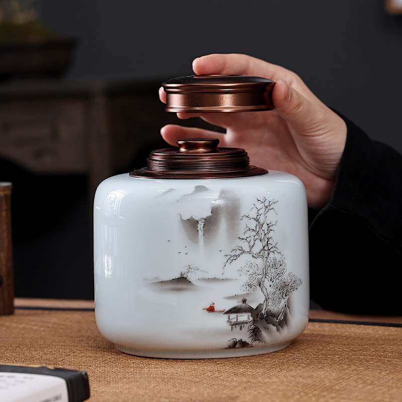 茶叶罐子陶瓷大号密封罐通用半斤双盖吸力存储藏茶罐茶仓防潮家用