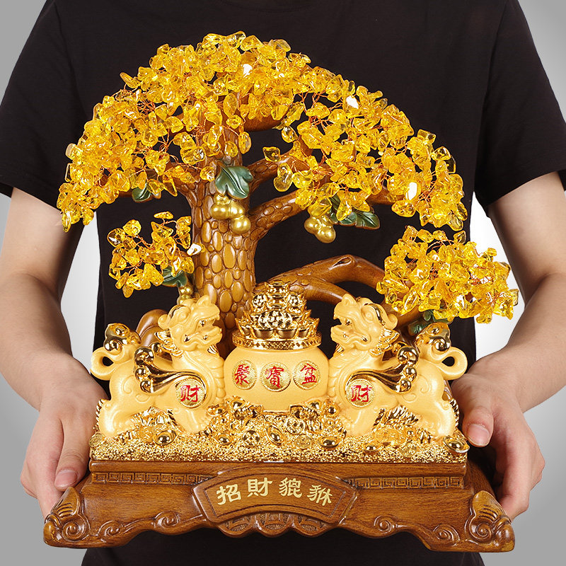 招财貔貅一对摆件黄水晶摇u钱树开业礼品聚宝盆办公室收银台工艺