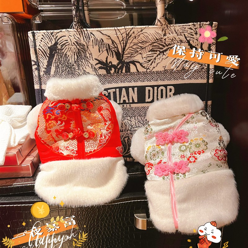 《知喜知岁》龙纹唐装宠物小狗新年衣服喜庆红棉衣冬泰迪比熊红色