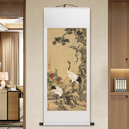 沈铨花鸟卷轴挂画松梅双鹤荷花鸳鸯双鹿图新中式书房茶室玄关壁画