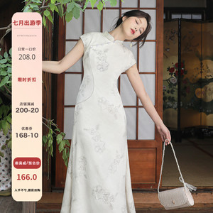 何衣见友《夏曲》新中式少女改良旗袍黑白晕染缎面小众鱼尾连衣裙
