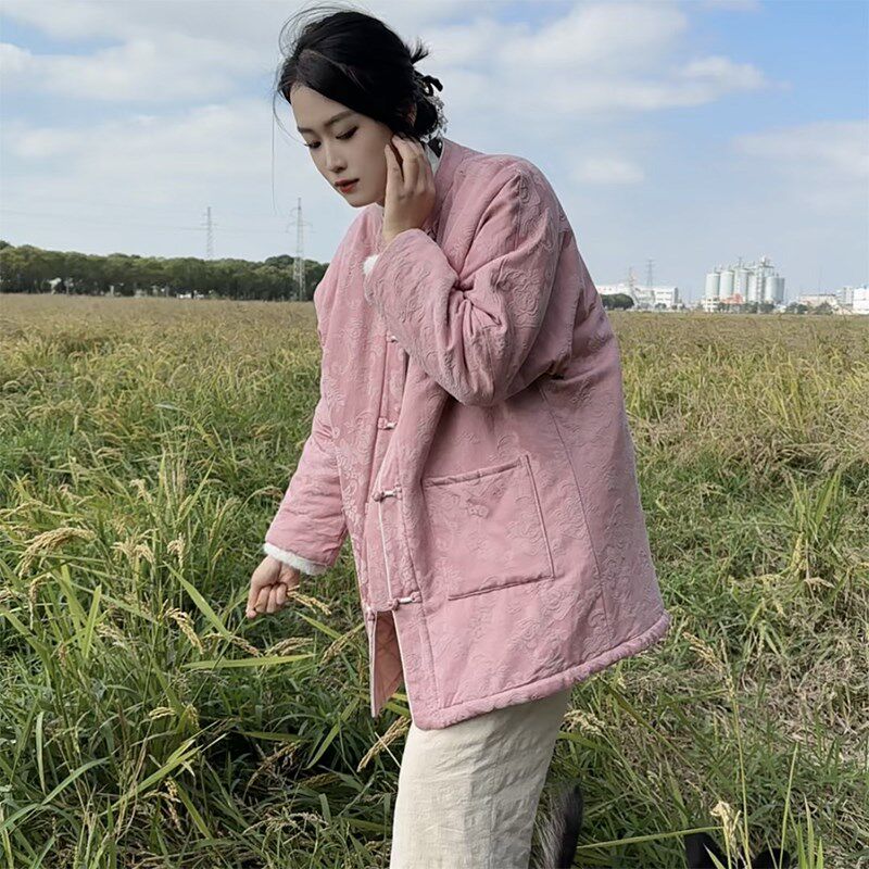 唐装女新中式国风女装2024新款加厚夹棉秋冬款盘扣中国风提花外套