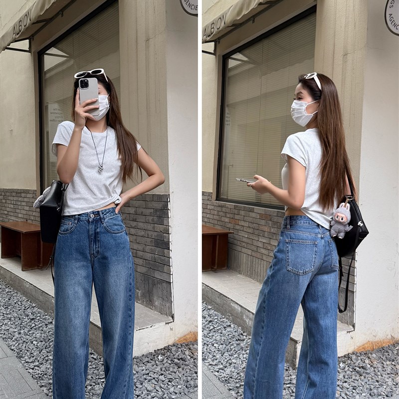 彰显大长腿~四季覆古蓝牛仔裤女新款高腰直筒宽松显瘦拖地阔腿裤