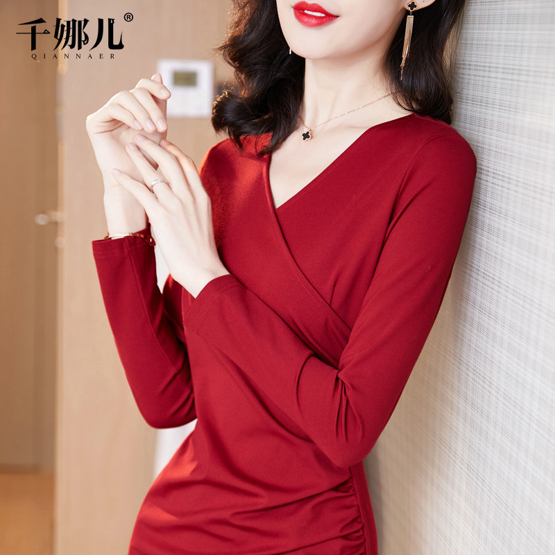 红色连衣裙女春秋装2021新款长袖V领包臀开叉高端气质显瘦长裙子