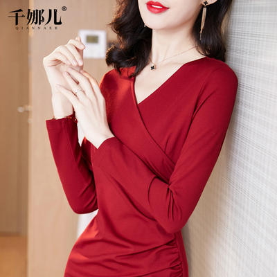 红色连衣裙女春秋装2021新款长袖V领包臀开叉高端气质显瘦长裙子