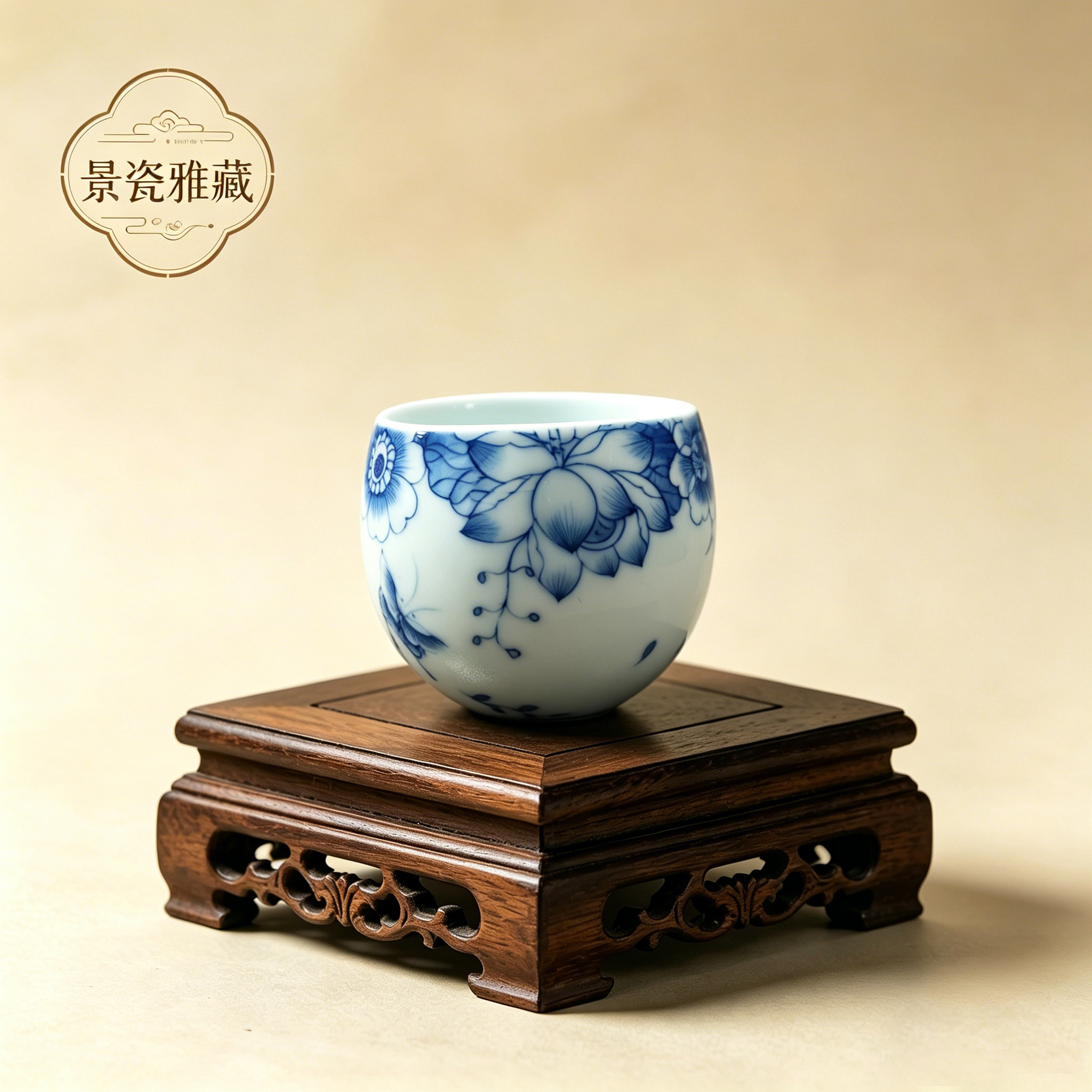 景德镇手绘青花万花蝴蝶主人杯蝶恋花福迭吉祥釉下彩单杯繁花似锦