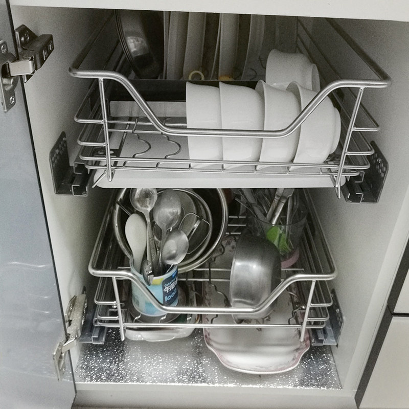 橱柜小尺寸窄拉篮迷你碗碟篮304不锈钢厨房调味篮工具篮三层套装