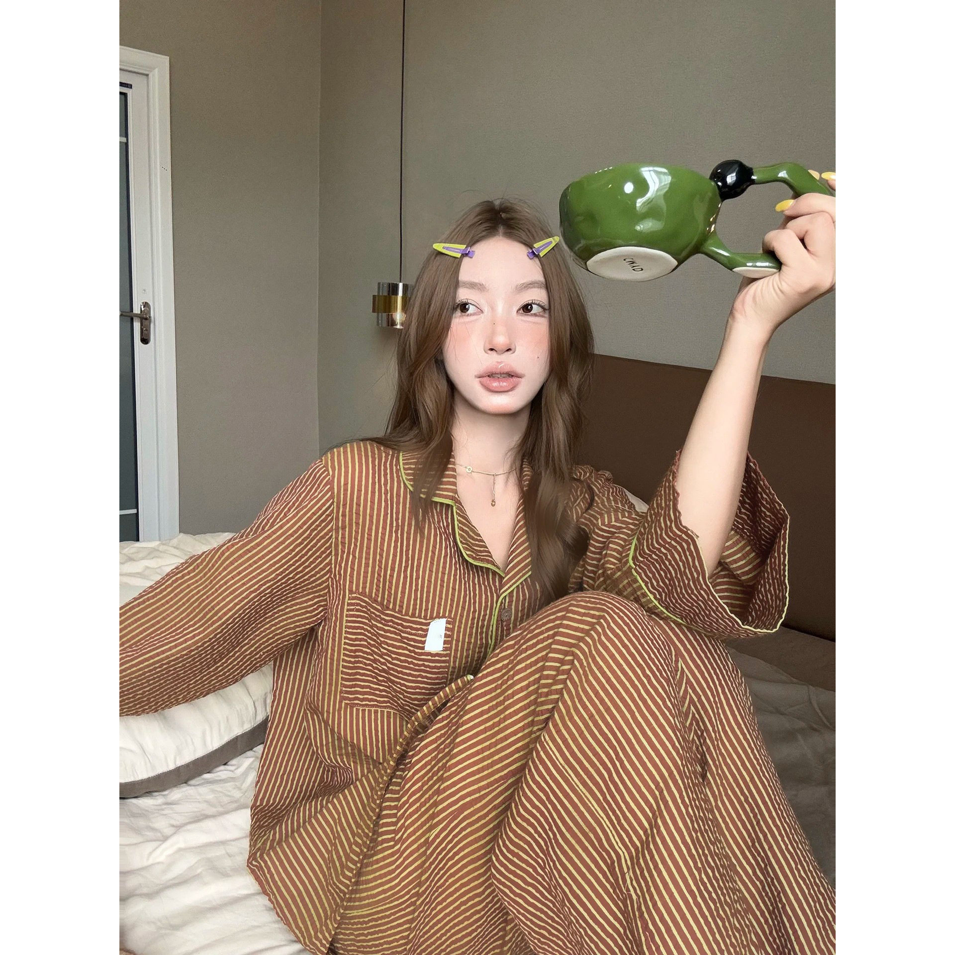 复古撞色条纹长袖睡衣家居服套装