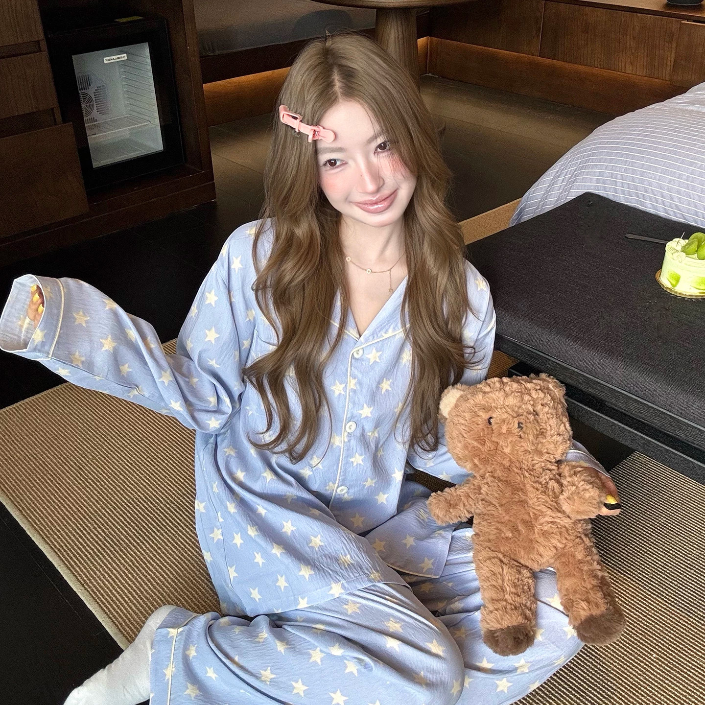 撞色星星翻领睡衣女士家居服套装