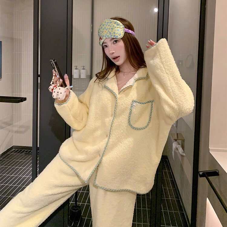 格子包边珊瑚绒睡衣家居服套装