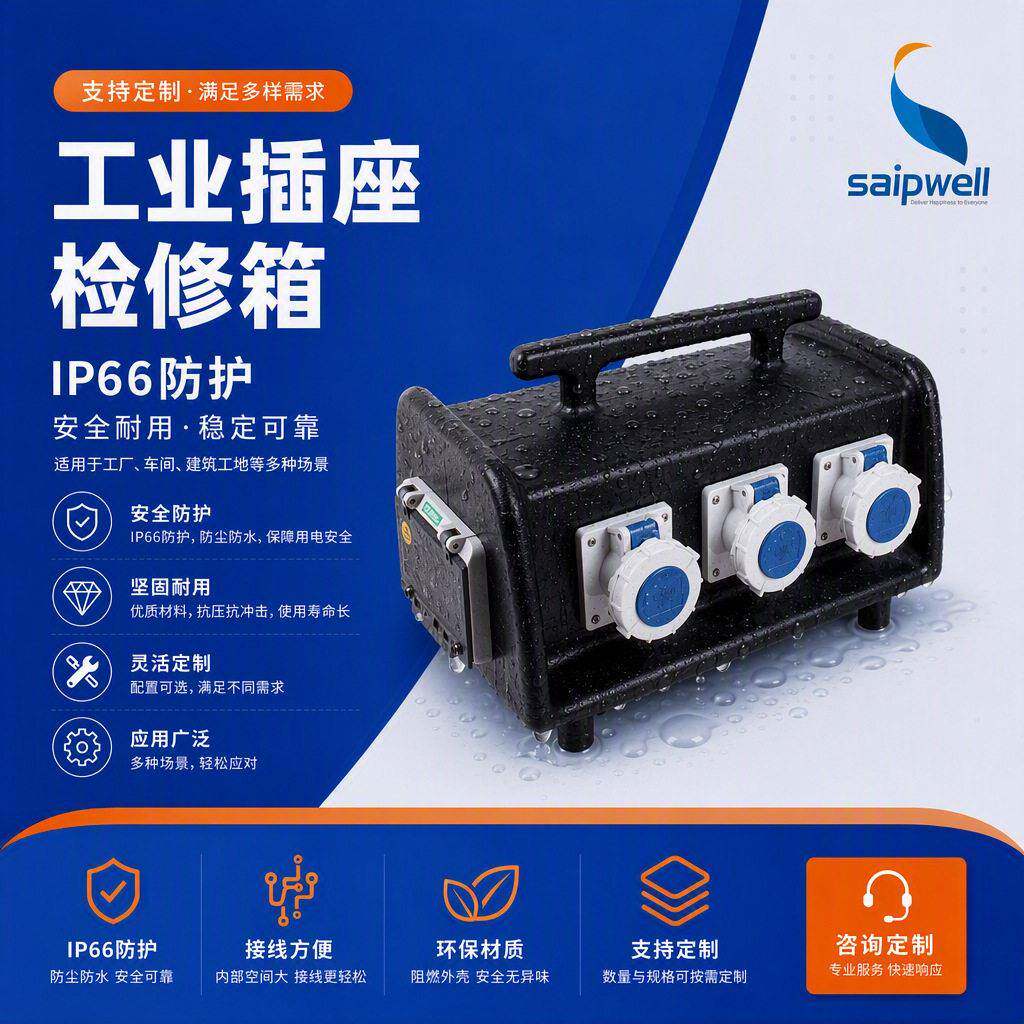黑色手提移动电源箱工地检修箱16A户外卧式工业插座组合配电箱