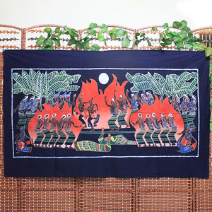 佤族欢歌云南风情特色装饰画手工蜡染画火把节餐厅酒吧背景布艺画