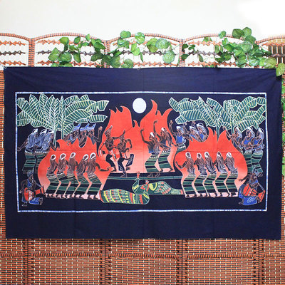 佤族欢歌云南风情特色装饰画手工蜡染画火把节餐厅酒吧背景布艺画