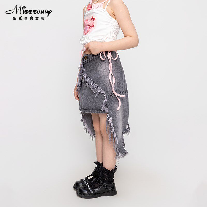 [裙摆可解]灰色两穿牛仔短裙女童装2024夏季新款休闲包臀半身裙